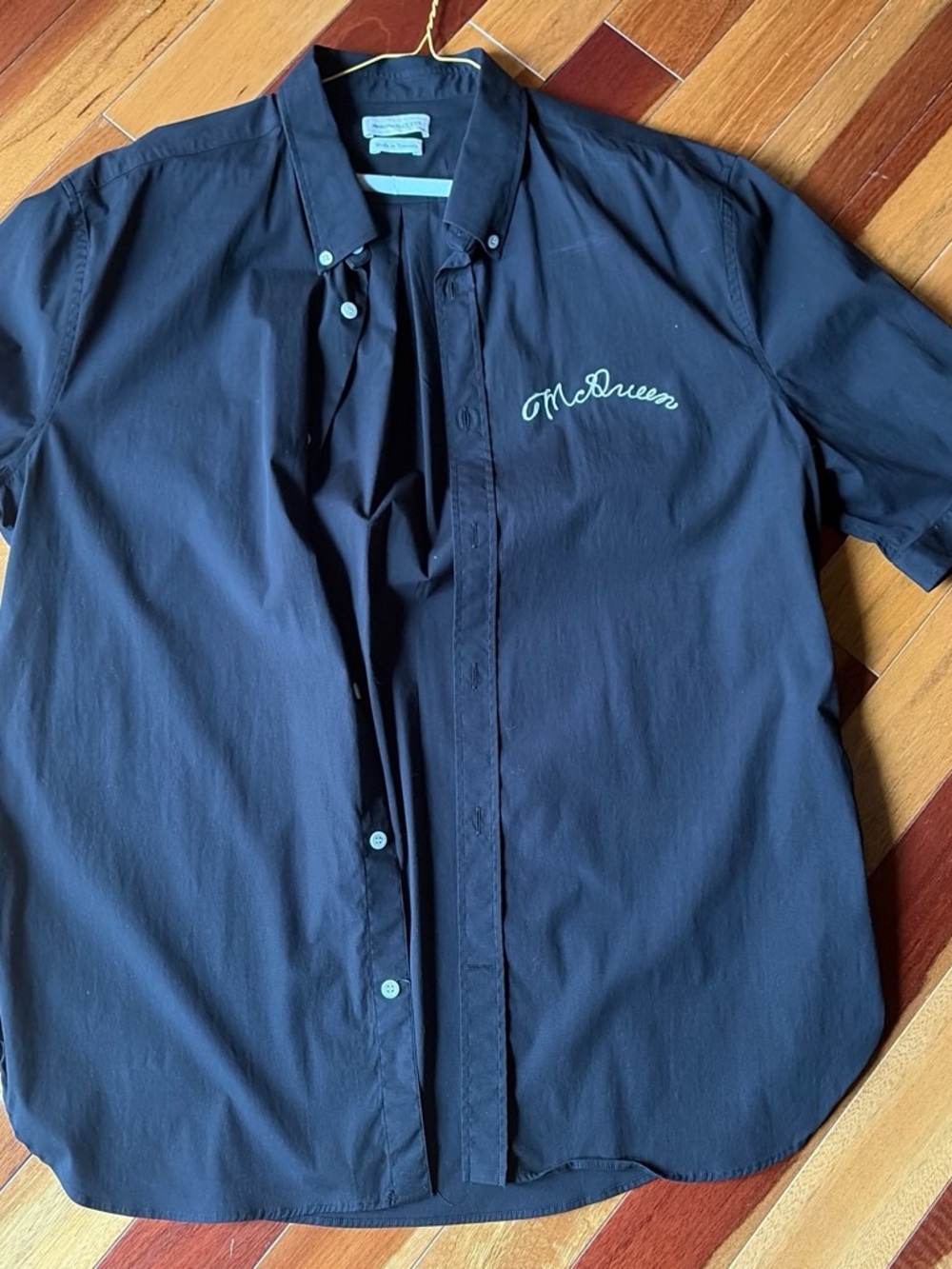 Alexander McQueen Men's Navy Short-Sleeve Button-Down Shirt with Script Logo